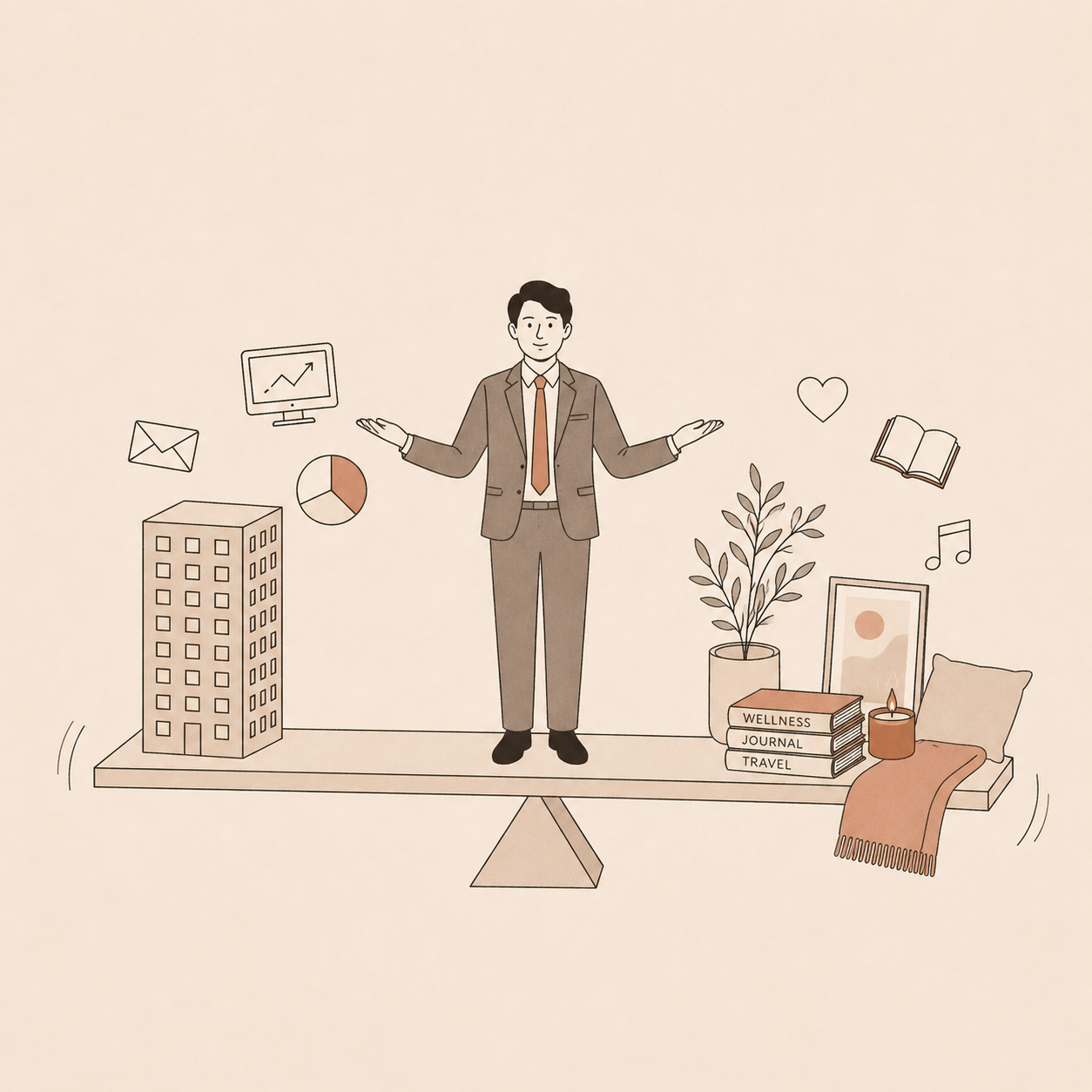 A figure balancing on a seesaw between work and personal life